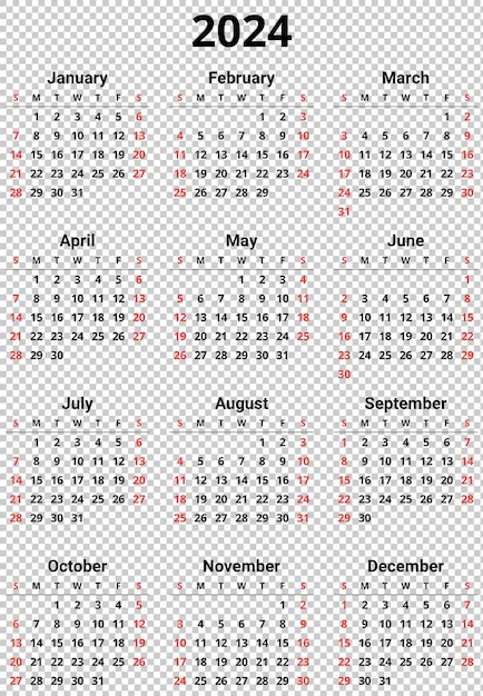 Calendario PSD para el año 2024 Ilustración transparente imprimible 12 meses Semana comienza el domingo Inglés