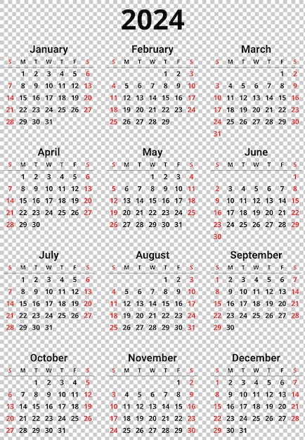 PSD calendario psd para el año 2024 ilustración transparente imprimible 12 meses semana comienza el domingo inglés