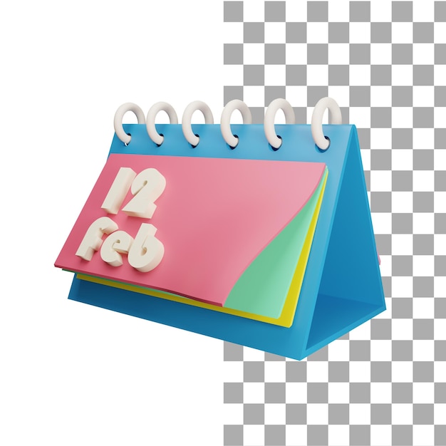 Calendario de renderizado 3D 12 de febrero con fecha y mes