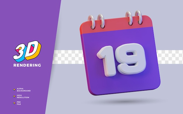 Calendario de renderizado 3d de 19 días para recordatorio diario o horario