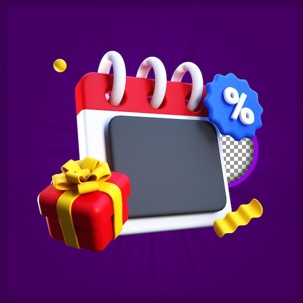 Calendario de renderizado 3D y descuento de regalo para ilustración de compras