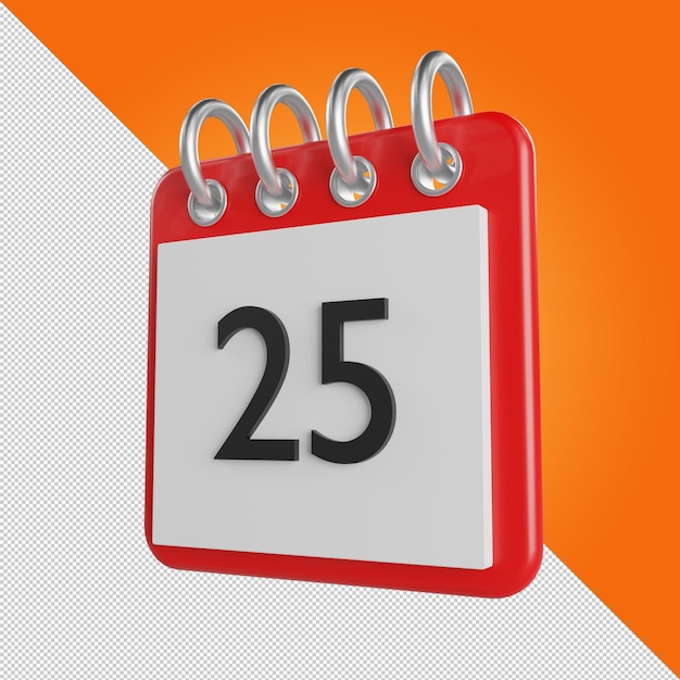 Calendario rojo con páginas blancas con el número 25 planificador de diseño minimalista icono de calendario rojo fecha 25 lugar para texto o logotipo calendario aislado ilustración 3d render 3d