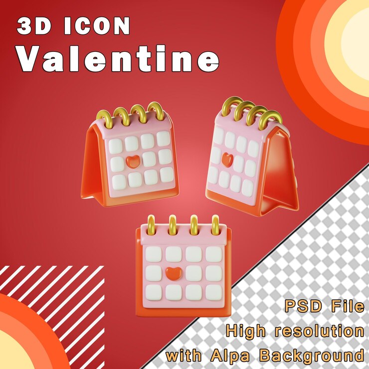 PSD calendario de san valentín 3d en tres puntos de vista aislado sobre fondo transparente