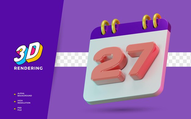 Calendario de símbolo aislado de renderizado 3d de 27 días para recordatorio diario o planificación