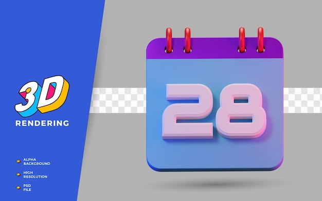 Calendario de símbolo aislado de renderizado 3d de 28 días para recordatorio diario o planificación