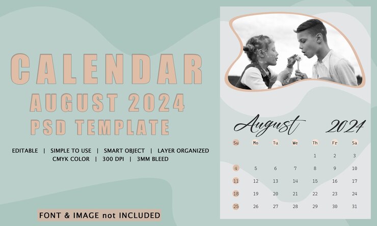 PSD calendario simple agosto de 2024 plantilla de psd agosto de 2024 diseño de calendario de escritorio