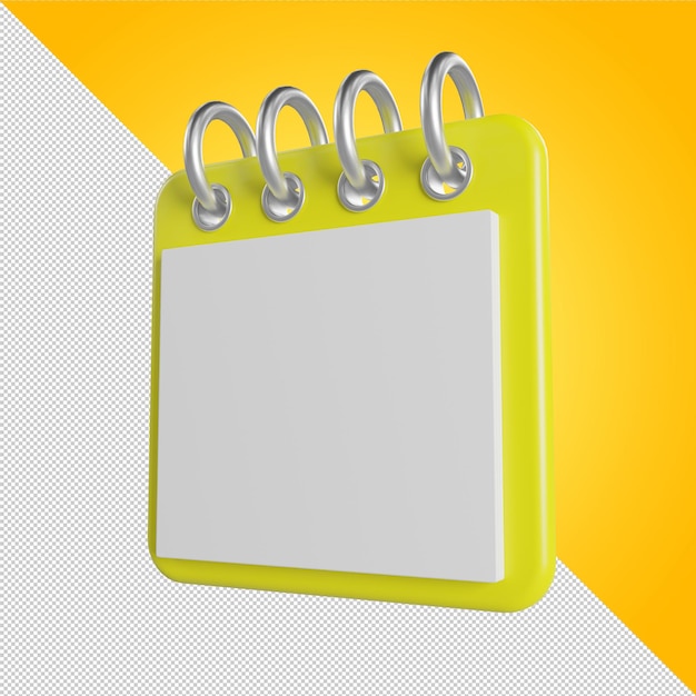 Calendario de tapa amarilla con vista lateral de páginas blancas Planificador de diseño minimalista Icono de calendario amarillo Lugar para texto o logotipo Ilustración 3d aislada Representación 3D