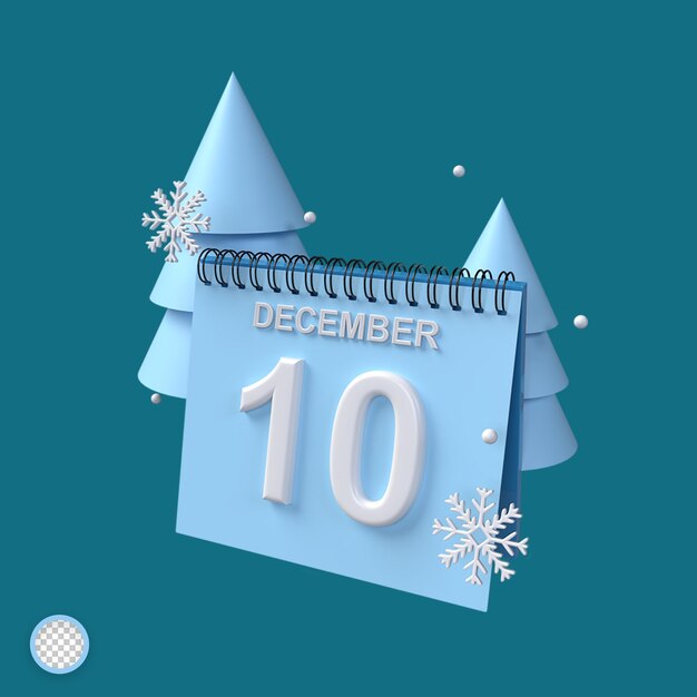 PSD calendrier 3d du 10 décembre avec des ornements d'arbres et d'étincelles avec un concept d'hiver