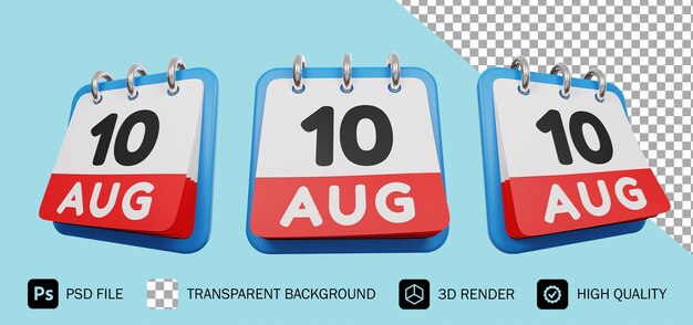 Calendrier Du 10 Août Rendu 3d Psd Premium