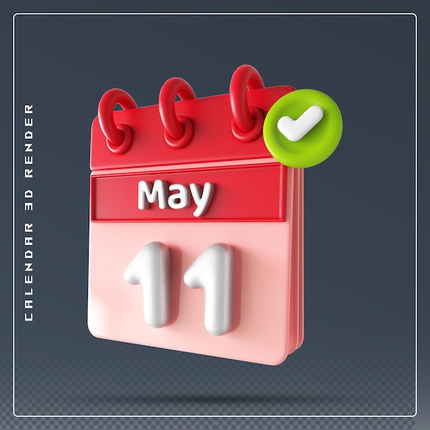 PSD calendrier du 11 mai avec icône de liste de contrôle rendu 3d