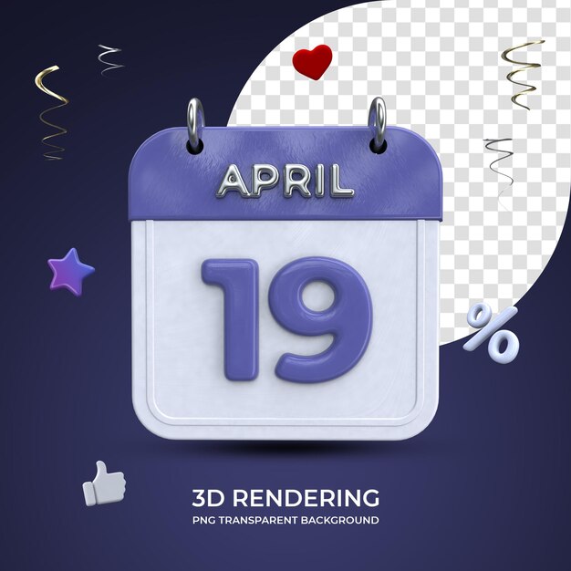 PSD calendrier du 19 avril rendu 3d fond transparent isolé