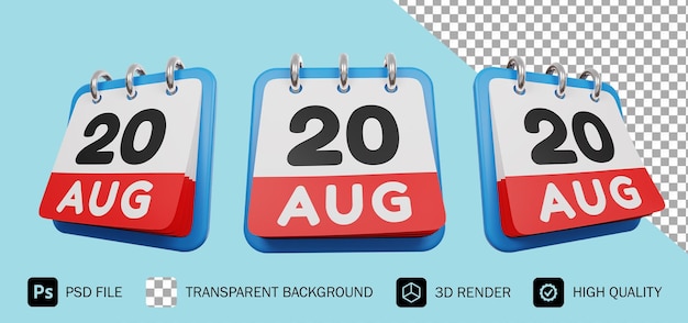 Calendrier Du 20 Août Rendu 3d Psd Premium