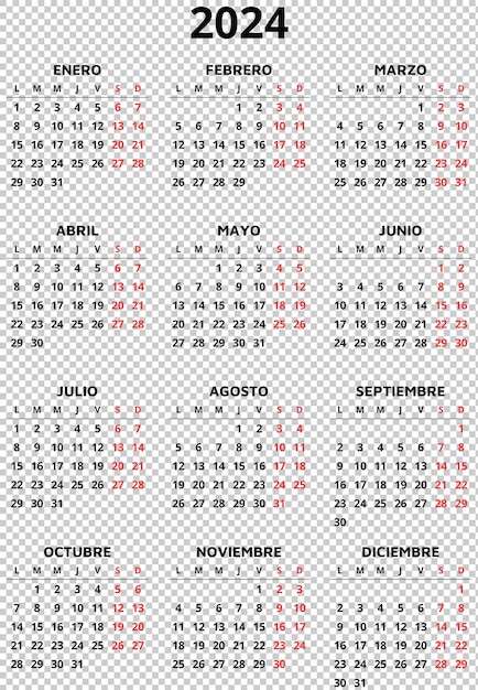 PSD calendrier espagnol de l'année 2024 illustration png imprimable pour l'espagne 12 mois vertical