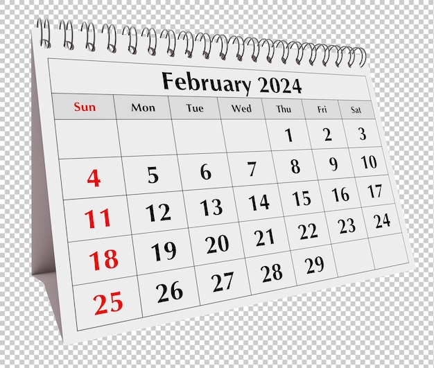 Calendrier de février 2024 Page du calendrier mensuel annuel du bureau des affaires isolé sur un PSD transparent