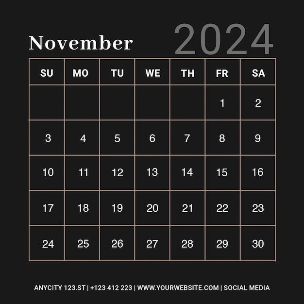 PSD calendrier instagram post novembre bureau 2024 modèle et planificateur de mur annuel calendrier conception psd