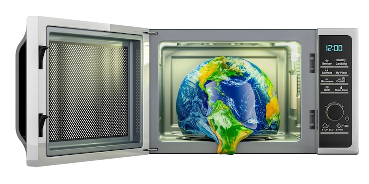 PSD el calentamiento global y el concepto de cambio climático tierra el globo se derrite en el horno de microondas rendering 3d aislado en un fondo transparente