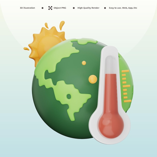 El calentamiento global, el termómetro de la tierra, el calor solar, la crisis climática, la ilustración en 3D.