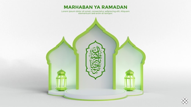Caligrafía de marhaban ya ramadan con linterna de escenario de podio redondo 3d y mezquita en color verde
