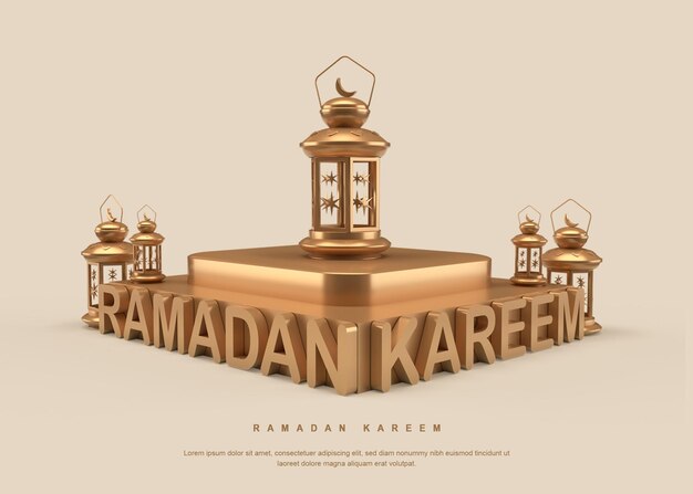 Caligrafia ramadan kareem 3d com desenho de lanterna