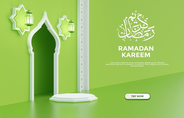 Caligrafía de ramadán kareem con color de fondo verde de podio vacío 3d