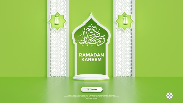 Caligrafía de ramadán kareem con color de fondo verde de podio vacío 3d