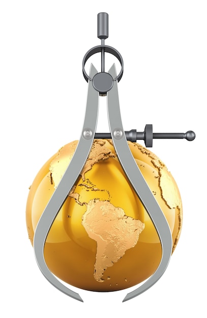 Caliper exterior con representación 3D del Globo de la Tierra Dorado aislada sobre un fondo transparente