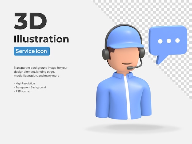 PSD call center masculino com ícone de suporte ao cliente com fone de ouvido e símbolo de bate-papo ilustração 3d renderizada