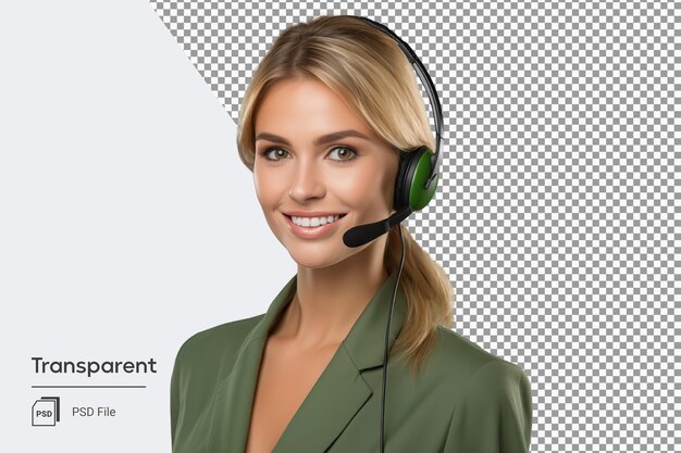 PSD call-center-support-assistentin frau in grünen kleidern mit kopfhörer