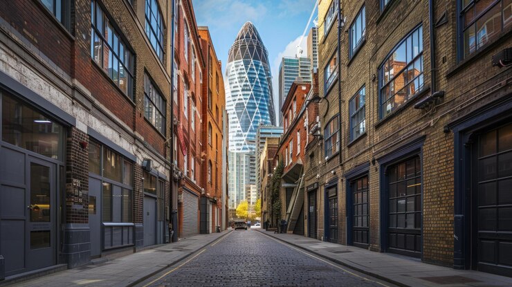 PSD una calle estrecha de londres con un rascacielos moderno en el fondo