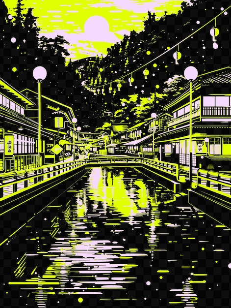 PSD la calle hakones onsen con la escena de la calle de las aguas termales ryokans yu psd vector tshirt tattoo ink scape art