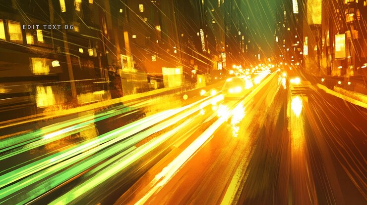 PSD calle nocturna de la ciudad con coches a toda velocidad luces borrosas y lluvia
