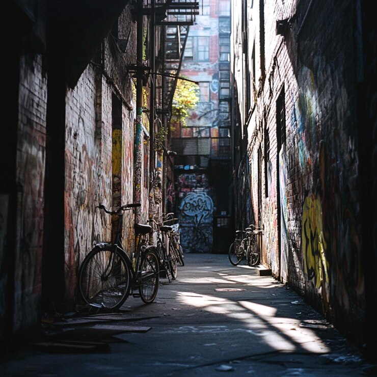 PSD un callejón oscuro con bicicletas y graffiti en la pared