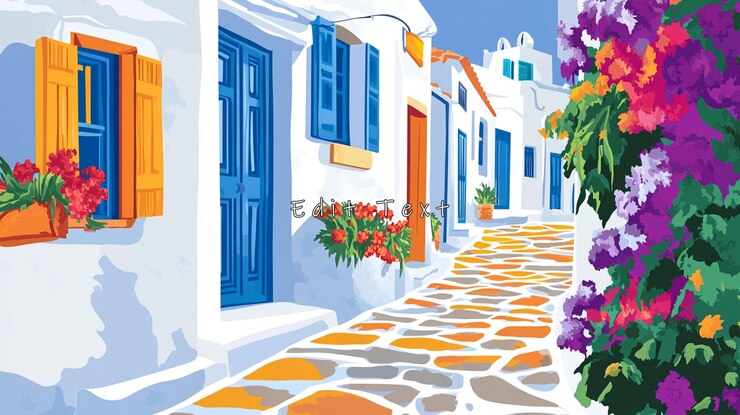 PSD las calles soleadas de adoquines casas blanqueadas flores vibrantes