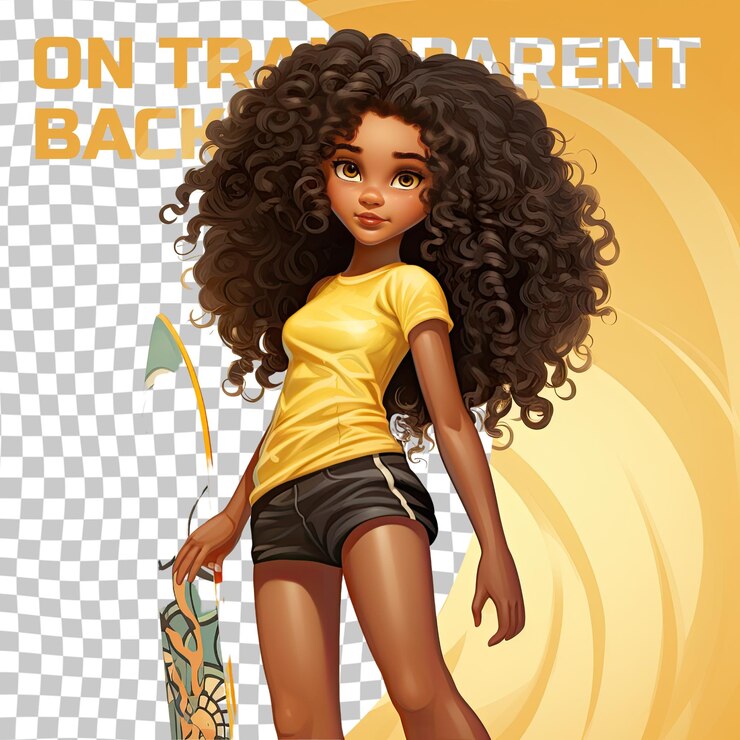 PSD calma eslava toddler kinky haired surfer girl posa com os tornozelos cruzados em amarelo pastel