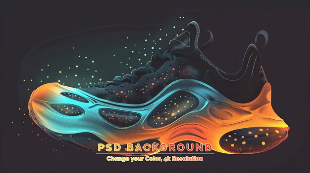 PSD calzado deportivo de colores sobre un fondo negro y con salpicaduras de agua