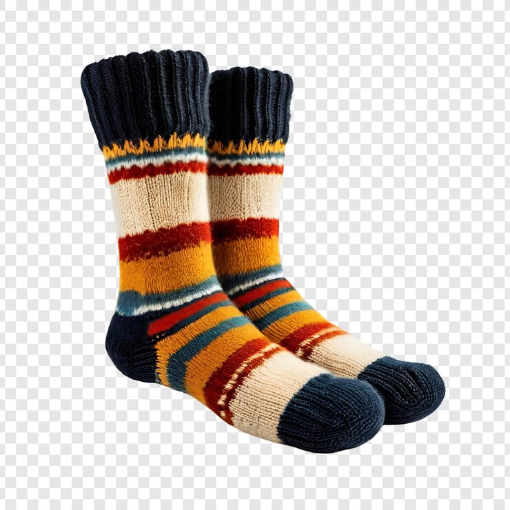 PSD calze di lana a strisce calde calde piedi invernali a maglia conforto isolato su trasparente