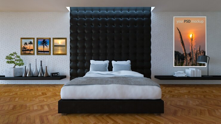 PSD cama 3d con pared de cuero