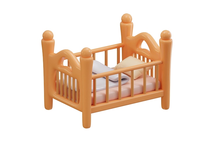 PSD cama de bebé de madera 3d render concepto de dormitorio de niños muebles cómodos ilustración vectorial