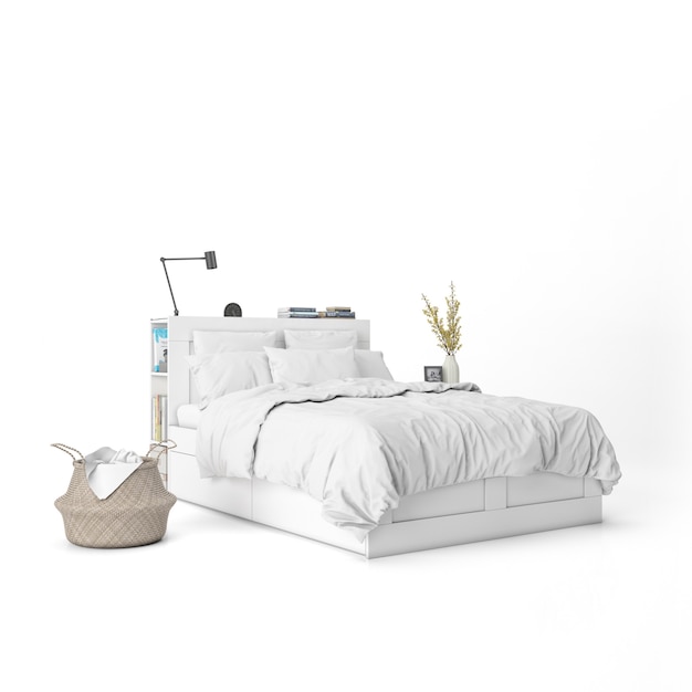 Cama com maquete de lençóis brancos e elementos decorativos