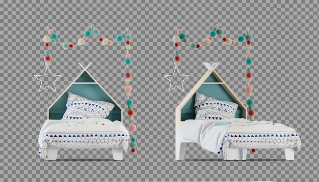 Cama de criança e decoração em renderização 3d isolada