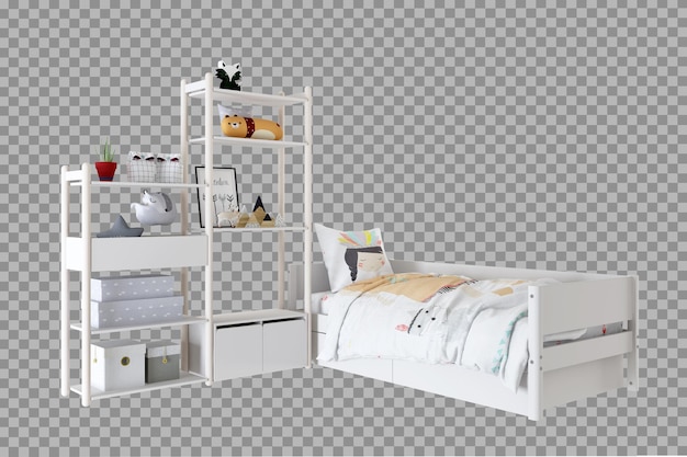 Cama de criança e prateleira em renderização 3d isolada