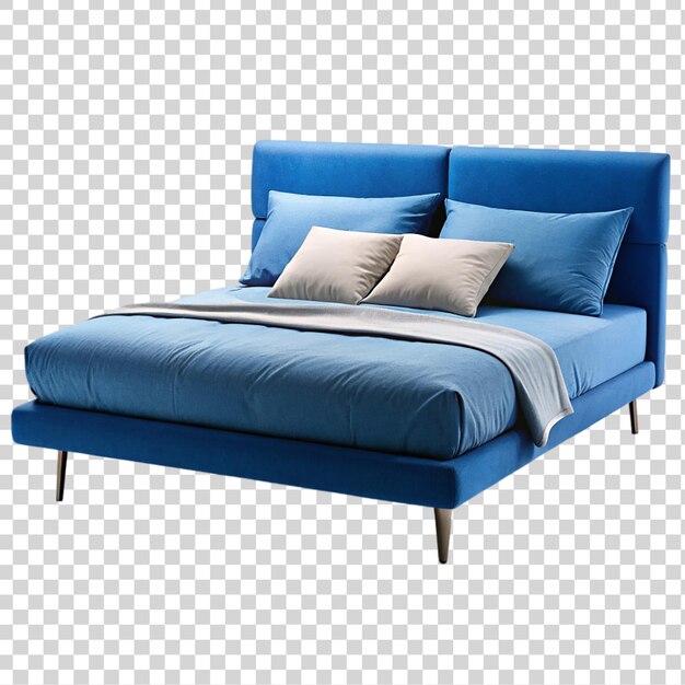 PSD cama doble azul moderna con almohadas aisladas sobre un fondo transparente