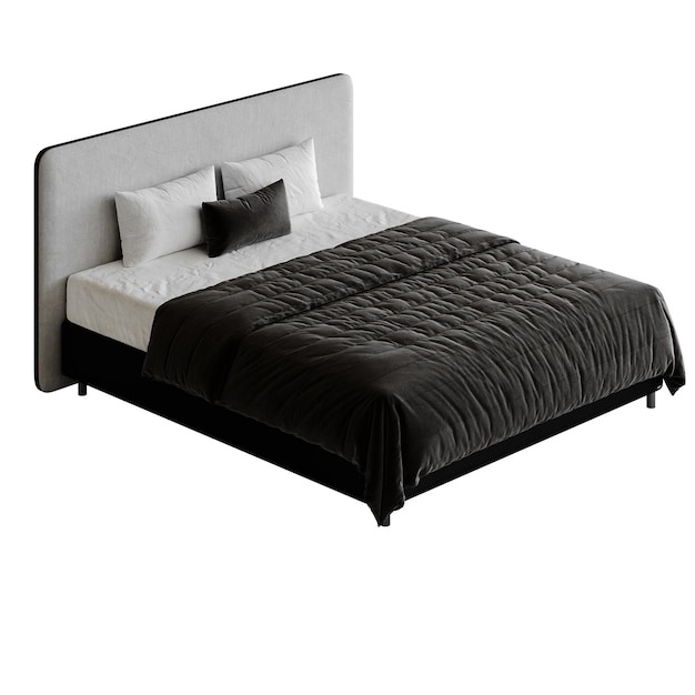 Una cama con un edredón negro y almohadas blancas La cama no está hecha y las almohades no están arregladas cuidadosamente