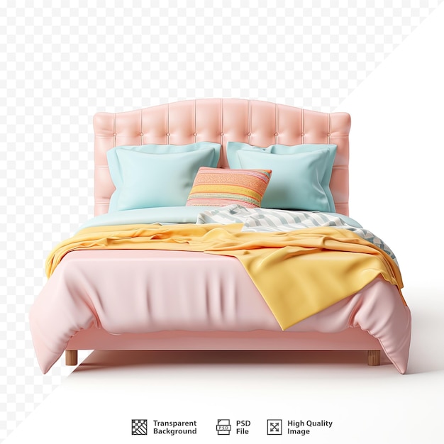 Una cama con un edredón rosa y amarillo y una imagen de una cama con una almohada rosa y azul.