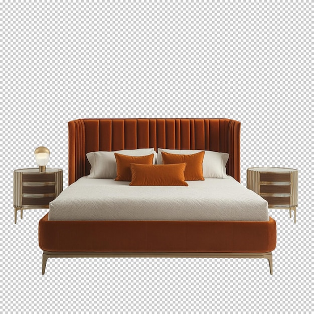 Cama de madera con mesas de noche y lámparas
