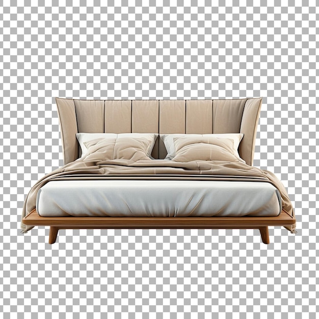 PSD una cama con un marco de madera y una almohada en un fondo transparente
