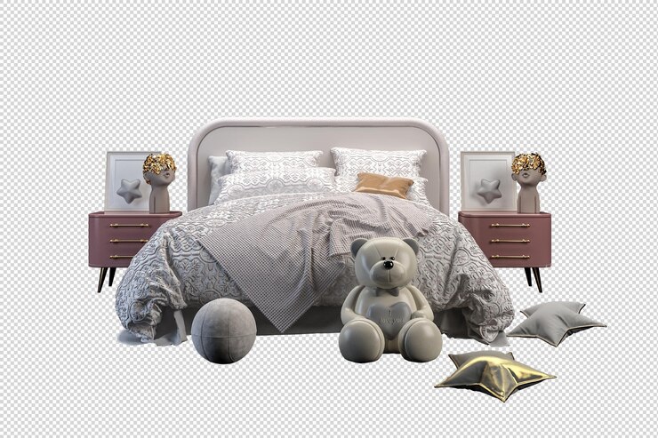 PSD cama para niños en la habitación de los niños en representación 3d aislada