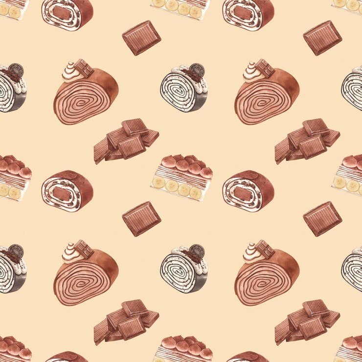 PSD camadas doces rolo de bolo de crepe desenho a mão pintura a aquarela padrão design sem costura