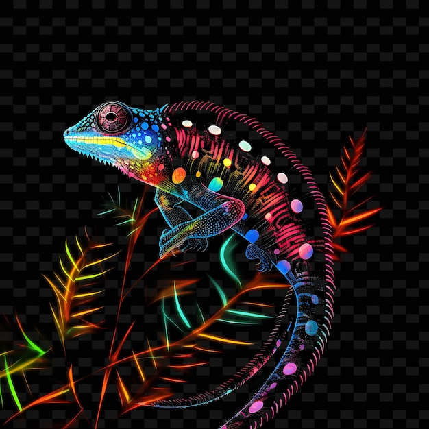 PSD camaleão floresta tropical miragem alteração de cor linhas de neon ferns png y2k formas artes de luz transparente