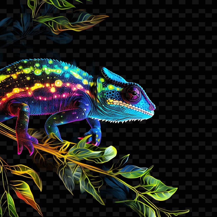 PSD camaleón bosque tropical mirage cambio de color líneas de neón ferns forma y2k colecciones de arte de luz de neón